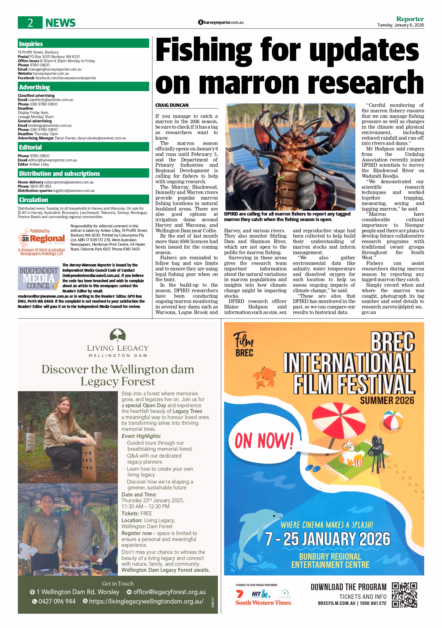 Harvey Waroona Reporter January 2026 Living Legacy Forest feature