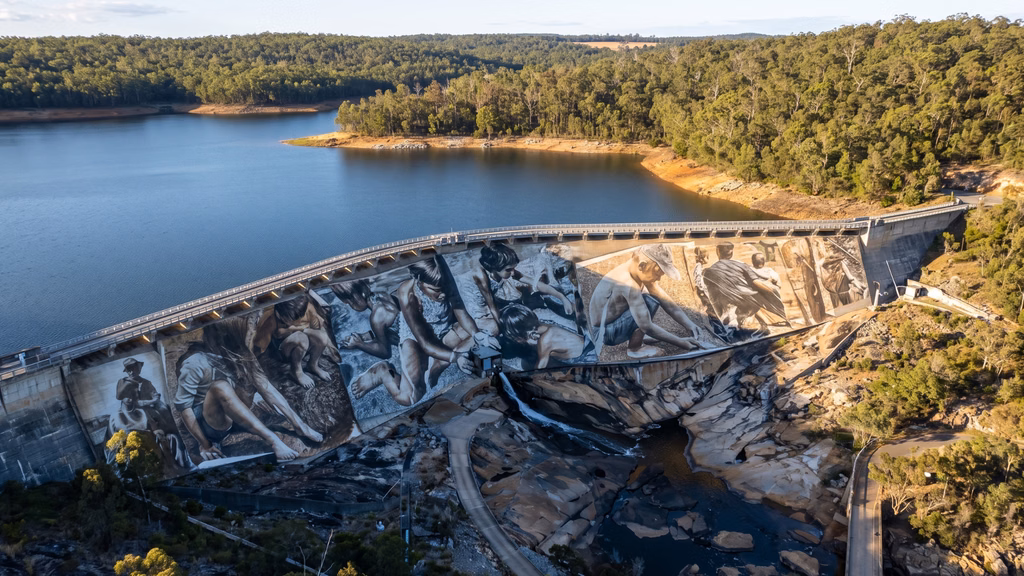Aerial view of the Wellington Dam Reflections mural