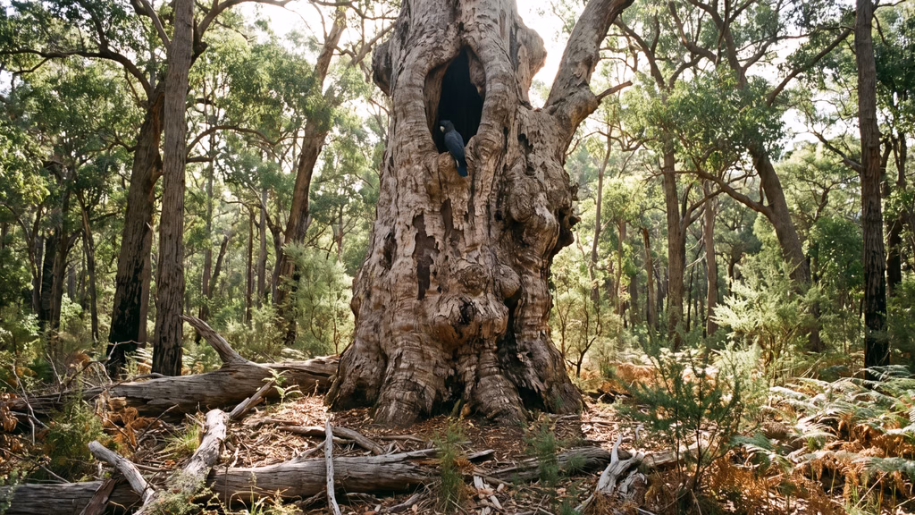 Black cockatoo nesting in a large tree hollow