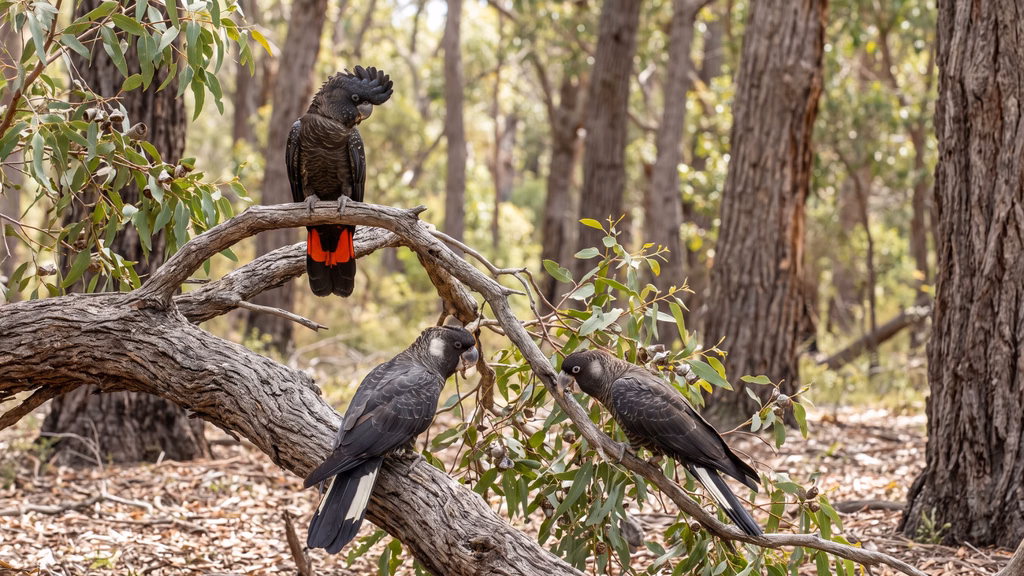 Three WA black cockatoos in native forest