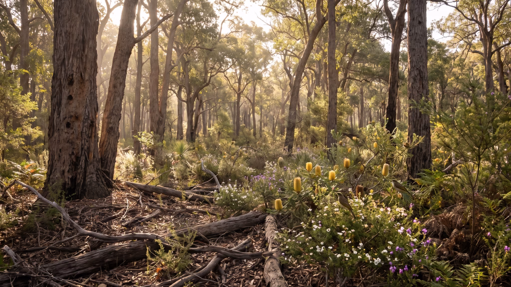 Wildflowers and native birds in Southwest WA forest